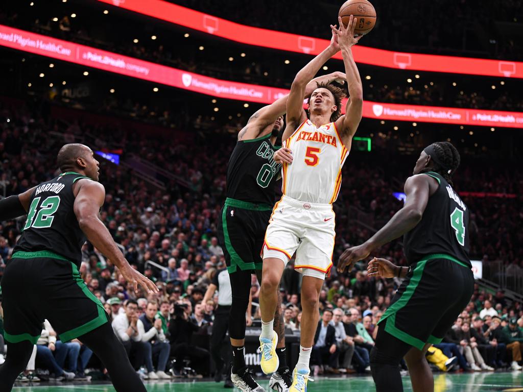 Daniels is having a breakout season at the Atlanta Hawks. Here he is seen battling for the ball against the Boston Celtics on November 12, 2024 in Boston, Massachusetts. Picture: China Wong/Getty Images