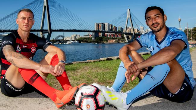 Wanderers striker Mitch Duke (left) and Sydney FC striker Reza Ghoochannejhad at Glebe Point ahead of Saturday’s Sydney derby. Picture: Monique Harmer 