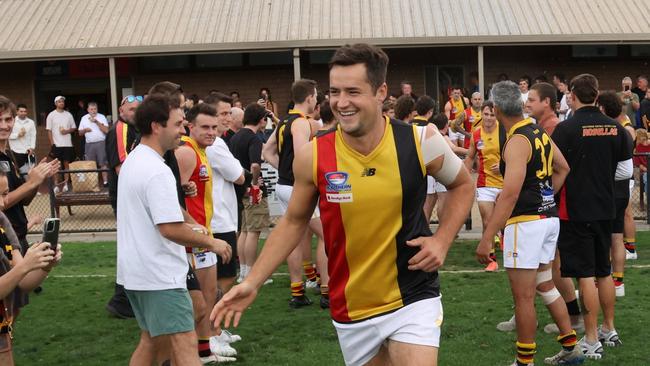 Cheltenham captain Jack Worrell runs out in game 200, SFNL. Picture: Andrew Keech.