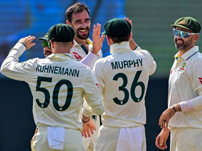 Mitchell Starc celebrates after taking the wicket of Sri Lanka's Kamindu Mendis. Picture: AFP