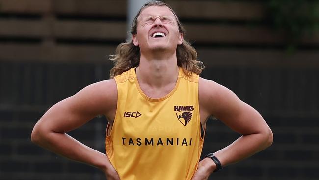 Jack Ginnivan was leaving it all on the field in his first session as a Hawk. Picture: Michael Klein