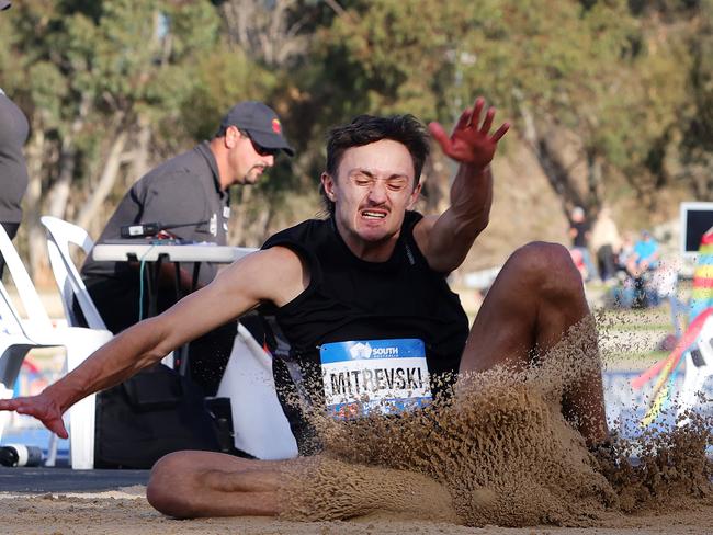 ADELAIDE, AUSTRALIA - APRIL 14: Christopher Mitrevski of Victoria winner of the Mens Long Jump and has secured a place at Paris Olympics during the 2024 Australian Athletics Championships at SA Athletics Stadium on April 14, 2024 in Adelaide, Australia. (Photo by Sarah Reed/Getty Images)