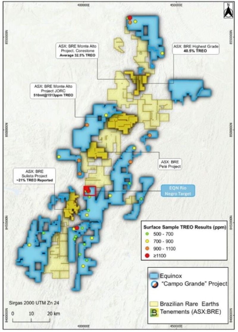 Equinox' Campo Grande project and Brazilian Rare Earths landholding at Rocha da Rocha. Source: EQN