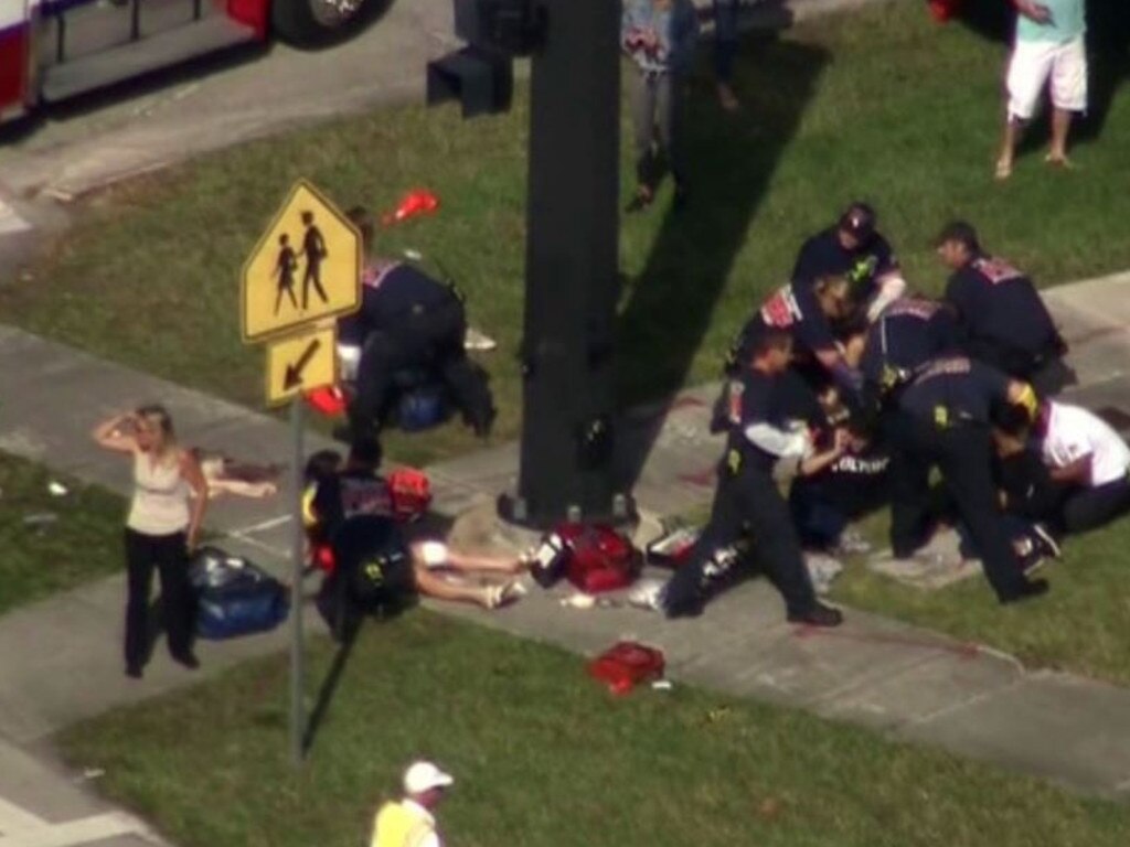 Emergency crews attend the wounded at Marjory Stoneman Douglas High School in Parkland. Picture: Fox13