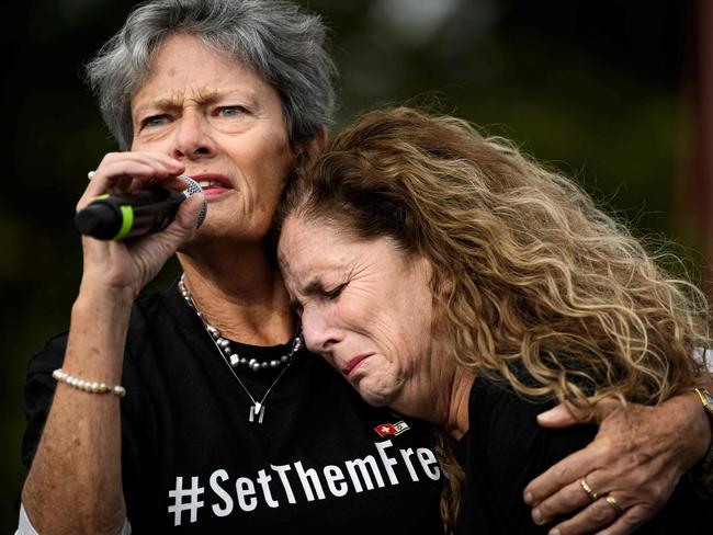 Director of Israelwerke Schweiz Christina Bumbacher (L) and hostage relative Doris Liber react during a rally with supporters of Israel calling for the release of hostages held by Hama. Picture: AFP