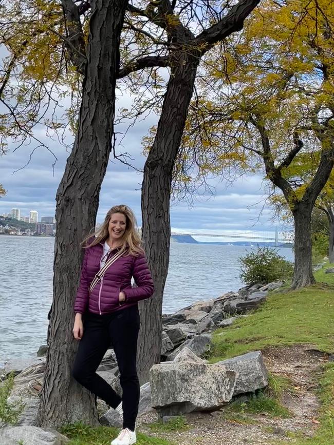 Liza-Jane Sowden beside the Hudson River during one of her many trips to New York. Picture: Supplied.