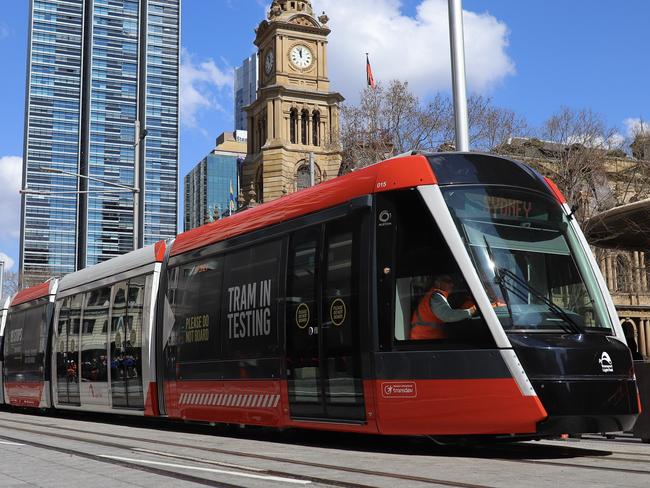 Premier Gladys Berejiklian and Minister for Transport Andrew Constance ride on the first light rail vehicle test from Town Hall to Circular Quay in Sydney, Wednesday, August 28, 2019. (AAP Image/Steven Saphore) NO ARCHIVING