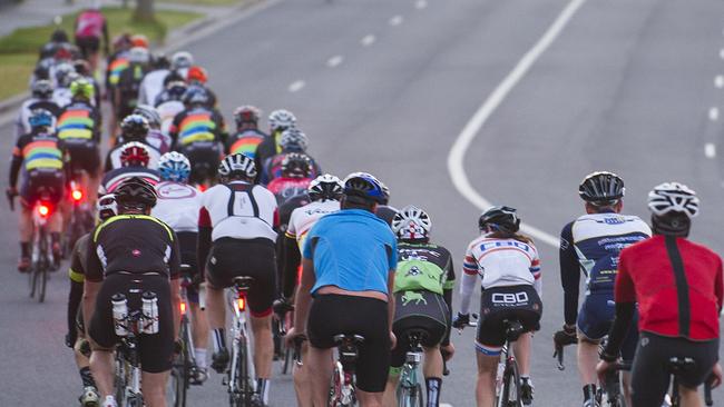 Cyclists ride along Beach Road from Black Rock to Mount Eliza.