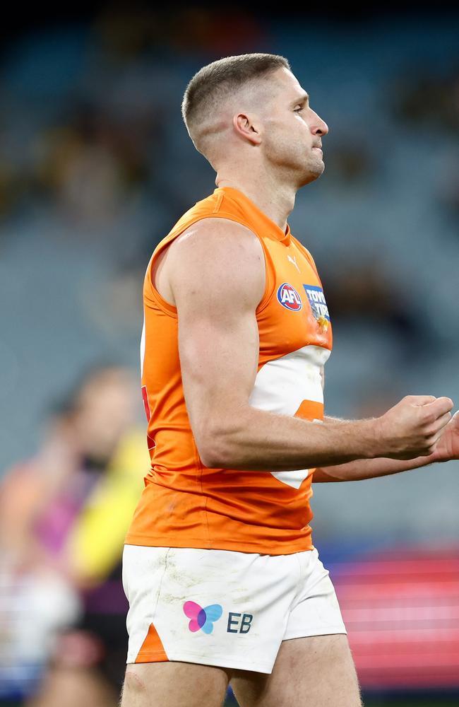 Jesse Hogan of the Giants celebrates a goal against Richmond. Picture: Michael Willson/AFL Photos via Getty Images.