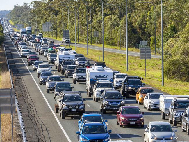 Traffic heading from the Sunshine Coast along the Bruce Highway through Burpengary, Sunday, August 16, 2020 - Picture: Richard Walker