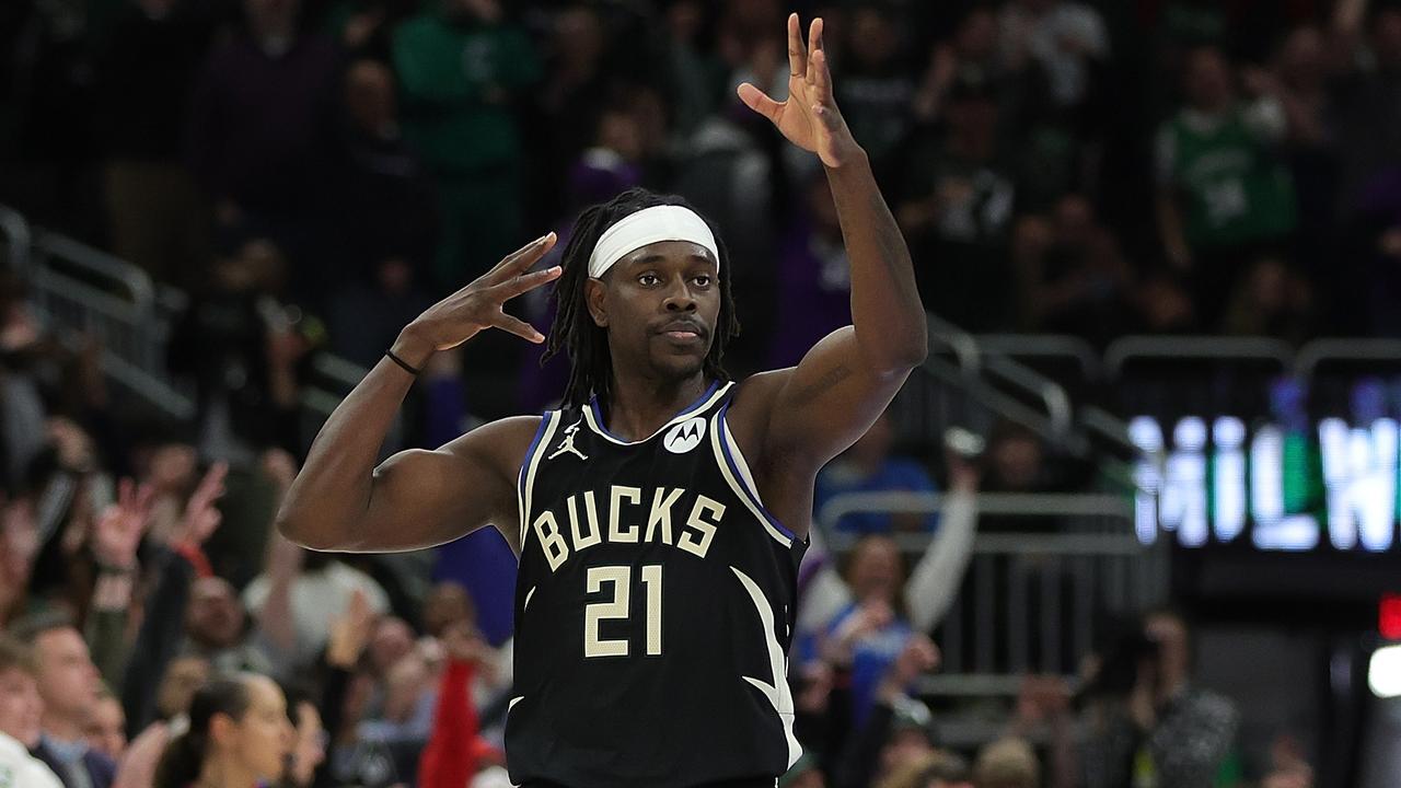 MILWAUKEE, WISCONSIN – FEBRUARY 14: Jrue Holiday #21 of the Milwaukee Bucks reacts to a three-point shot in overtime against the Boston Celtics at Fiserv Forum on February 14, 2023 in Milwaukee, Wisconsin. NOTE TO USER: User expressly acknowledges and agrees that, by downloading and or using this photograph, User is consenting to the terms and conditions of the Getty Images License Agreement. (Photo by Stacy Revere/Getty Images)