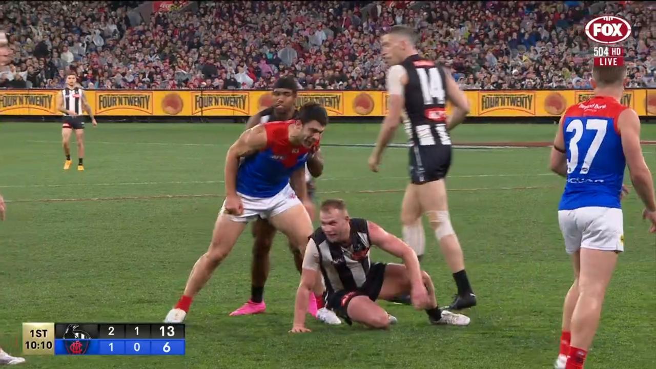 Christian Petracca gave Tom Mitchell a gobful. Photo: Kayo.