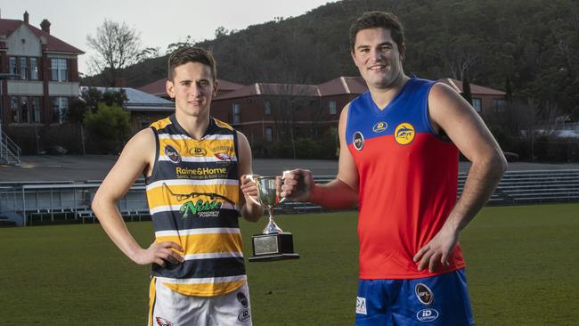 SFL, Myles Sawford (Sorell) and Cam Hooker (Dodges Ferry) hold the SFL Raw Challenge Cup at North Hobart. Picture: Chris Kidd