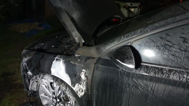 Damage to the front of a car which was set on fire at Whitburn Close, Charlestown was extensive. Picture: Amy Ziniak