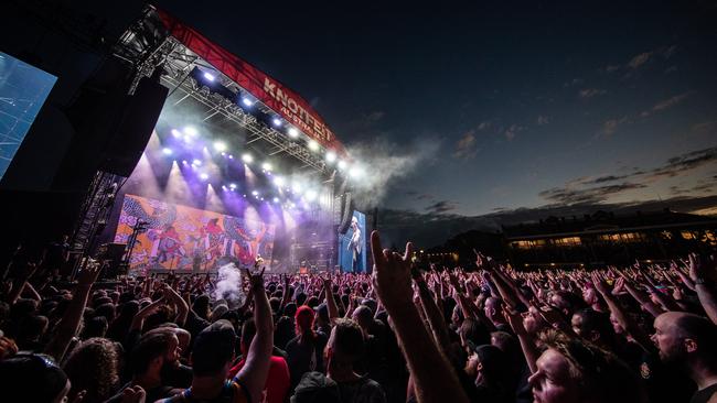 Heavy metal fans gathered at Brisbane Showgrounds on Sunday to watch US band Trivium. Picture: Kane Hibberd