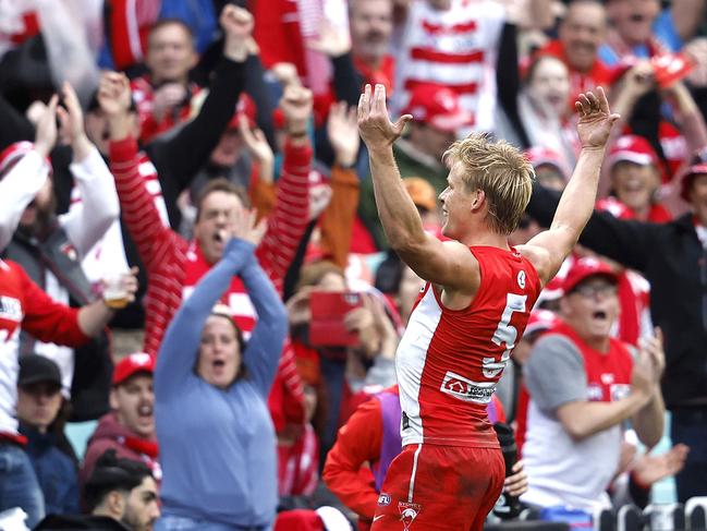 Sydney's Isaac Heeney celebrates kicking a goal with the fans during the Sydney Derby XVXII AFL match between the Sydney Swans and GWS Giants at the SCG on May 4, 2024. Photo by Phil Hillyard(Image Supplied for Editorial Use only - **NO ON SALES** - Â©Phil Hillyard )