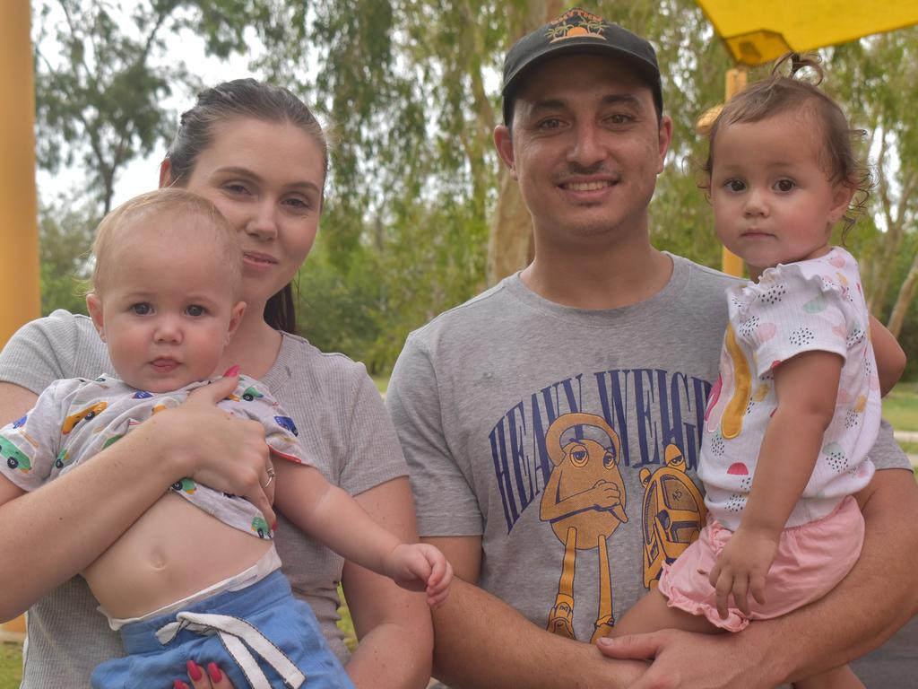 Emma-Leigh Harris holding Isaiah Marsters with Alex and Aaliyah Marsters celebrating Australia Day at Quote Park on January 26, 2022. Picture: Lillian Watkins