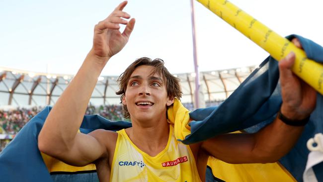 EUGENE, OREGON - JULY 24: Armand Duplantis of Team Sweden reacts after setting a world record and winning gold in the Men's Pole Vault Final on day ten of the World Athletics Championships Oregon22 at Hayward Field on July 24, 2022 in Eugene, Oregon. (Photo by Christian Petersen/Getty Images)