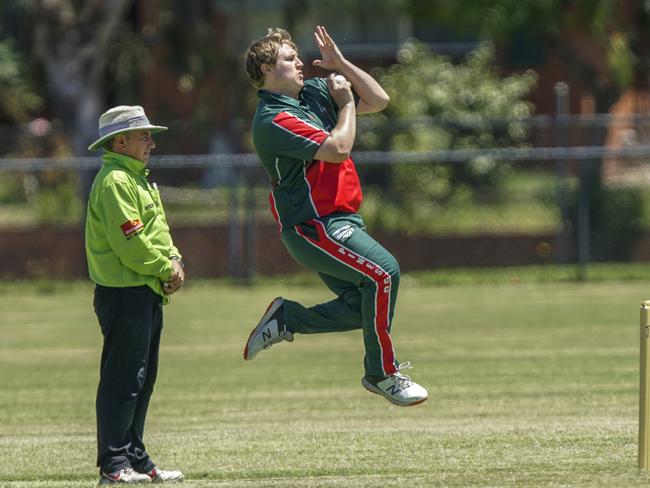 MPCA cricket: Pines v Moorooduc. Bill Humphrey bowling for Pines. Picture: Valeriu Campan