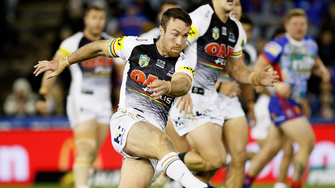 James Maloney of the Panthers puts in a kick during the Round 10 NRL match between the Newcastle Knights and the Penrith Panthers at McDonald Jones Stadium in Newcastle, Friday, May 11, 2018. (AAP Image/Darren Pateman) NO ARCHIVING, EDITORIAL USE ONLY