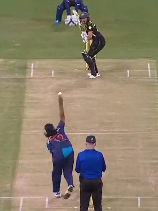 Shikha Pandey’s delivery started way outside off stump.