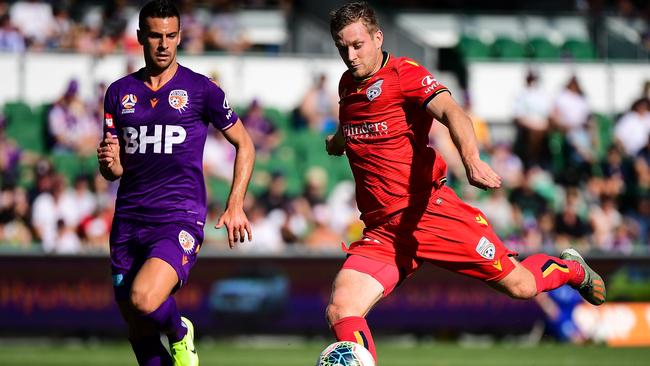 PERTH, AUSTRALIA – JANUARY 11: Ryan Kitto of Adelaide United strikes a shot on goal during the round 14 A-League match between the Perth Glory and Adelaide United at HBF Park on January 11, 2020 in Perth, Australia. (Photo by Daniel Carson/Getty Images)