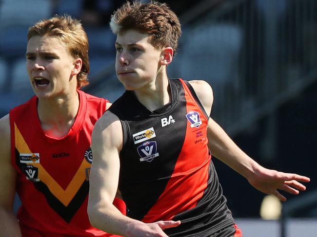 Newtown's Boston Riccardi kicks forward. GFNL U18 Grand Final between Newtown & Chilwell and St Josephs at GMHBA Stadium. Picture: Alan Barber