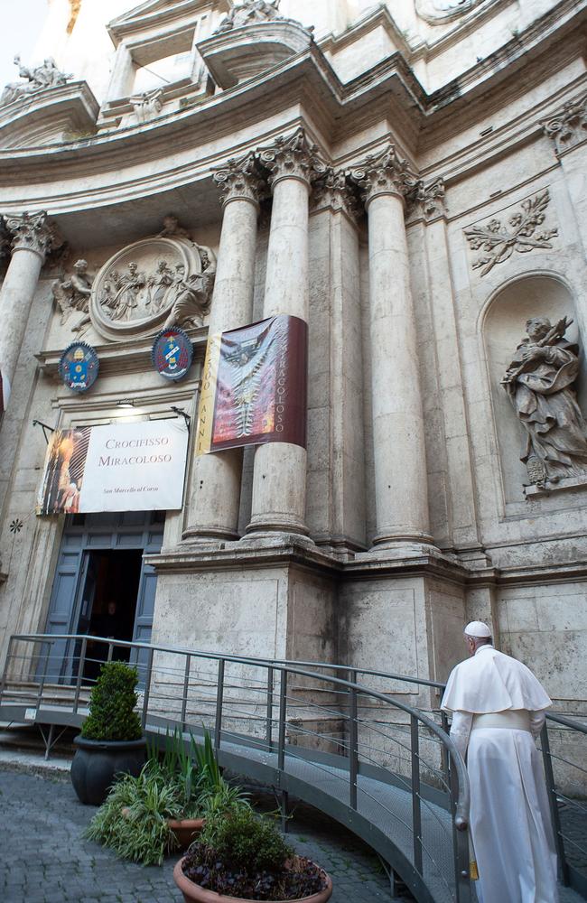 Pope Francis enters the S. Marcello al Corso church. Picture: Vatican Media/AFP