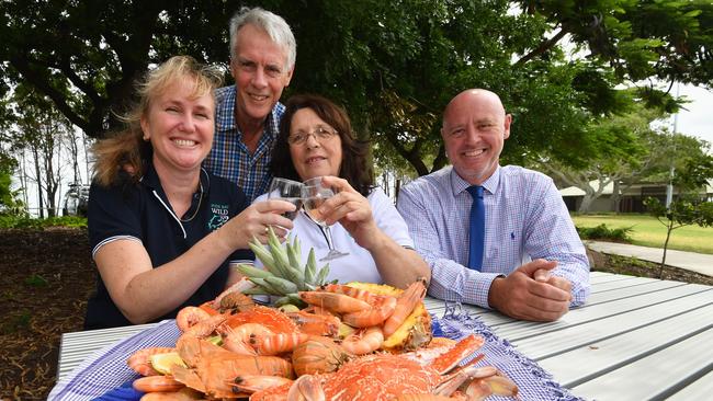 Seafood Festival launch at Seafront Oval in days gone by - (L) Michelle Fuchs (v/pres.) and Elaine Lewthwaite (pres.) from Hervey Bay Seafood Inc with Fraser Coast Tourism and Events general manager Martin Simons and Cr Darren Everard.Photo: Alistair Brightman