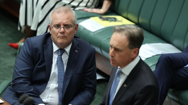 Prime Minister Scott Morrison with Greg Hunt during Question Time. Picture: NCA NewsWire/Gary Ramage