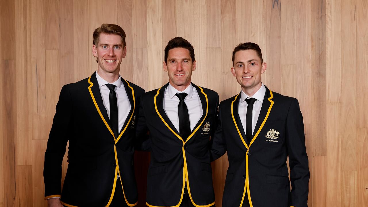 The All Australian umpires looking sharp, Matthew Dervan, Matt Stevic and Michael Barlow. (Photo by Dylan Burns/AFL Photos via Getty Images)