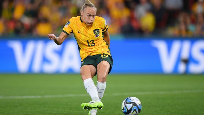 Tameka Yallop scores her team's seventh penalty in the win over France. (Photo by Justin Setterfield/Getty Images)