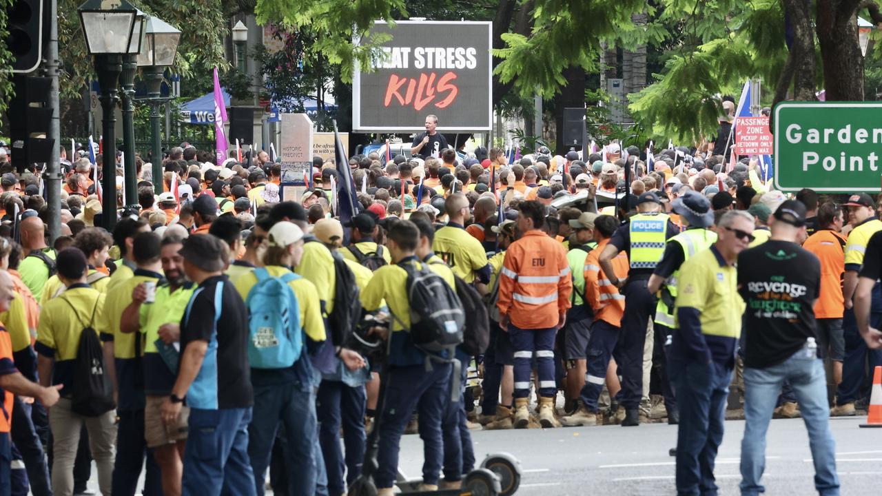 CFMEU workers protesting outside Parliament House on Thursday. Picture: Liam Kidston