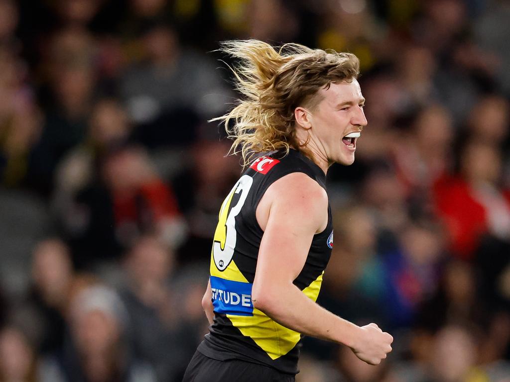 Hugo Ralphsmith celebrates a goal. Picture: Dylan Burns/AFL Photos via Getty Images.