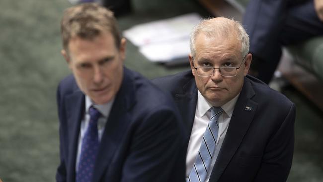 Prime Minister Scott Morrison with Christian Porter during Question Time. Picture: NCA NewsWire / Gary Ramage