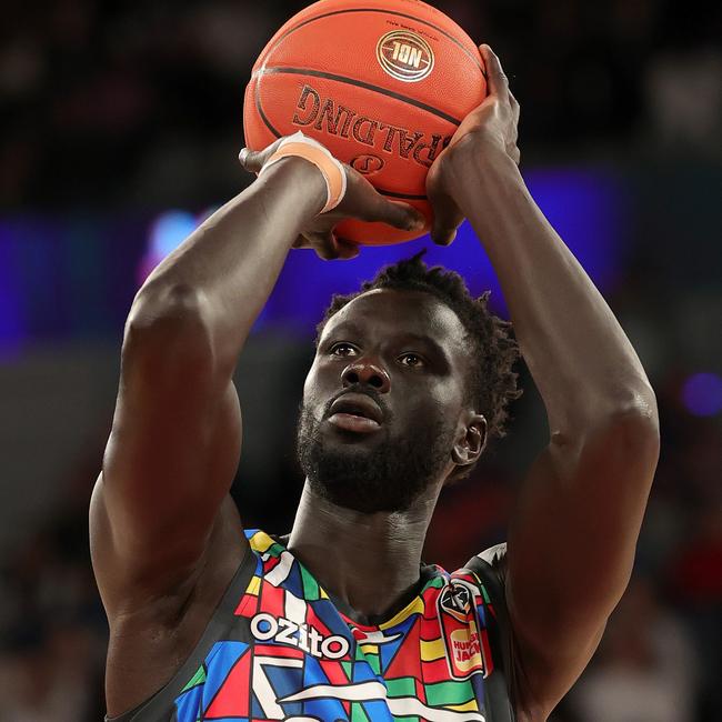 MELBOURNE, AUSTRALIA - OCTOBER 22: Jo Lual-Acuil Jr of United shoots during the round four NBL match between Melbourne United and New Zealand Breakers at John Cain Arena, on October 22, 2023, in Melbourne, Australia. (Photo by Kelly Defina/Getty Images)