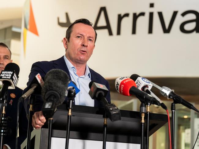 The Premier of Western Australia, Mark McGowan speaks to the media at Perth airport about opening the borders with other states. Picture: NCA NewsWire