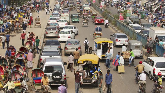 Busy traffic at the central part of Dhaka, Bangladesh. Dhaka is one of the most overpopulated cities in the world and new research indicates a devastating earthquake may be lurking below it. Picture: Getty