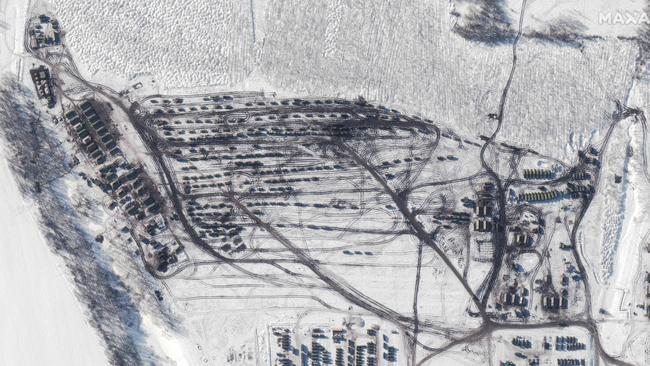 A satellite image released by Maxar Technologies shows a closer view of a battle group in formation in Soloti, Russia, on February 13, 2022. Picture: AFP