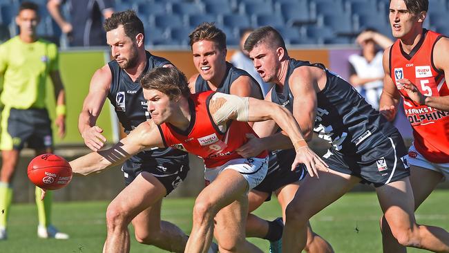 Nathan Freeman wins a contested possession for Frankston. Picture: Rob Leeson