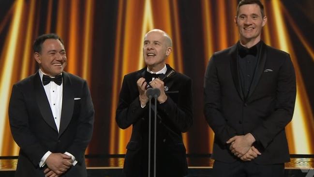 Have You Been Paying Attention?’s Tom Gleisner and Ed Kavalee accept their Logie – and roast their colleague Sam Pang at the 2023 Logies. Picture: Channel 7