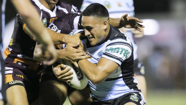 Valentine Holmes (Sharks #1) gets tackled - Brisbane Broncos v Cronulla Sharks at Dolphin Oval, Redcliffe. Pic Mark Cranitch.