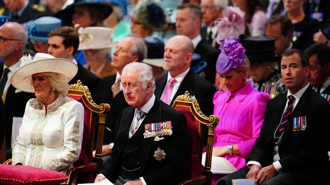 Camilla, the Duchess of Cornwall, Prince Charles (front) and Viscount Linley, Mike Tindall, Zara Tindall and Peter Phillips (back) attend the National Service of Thanksgiving. Picture: Aaron Chown – WPA Pool/Getty Images