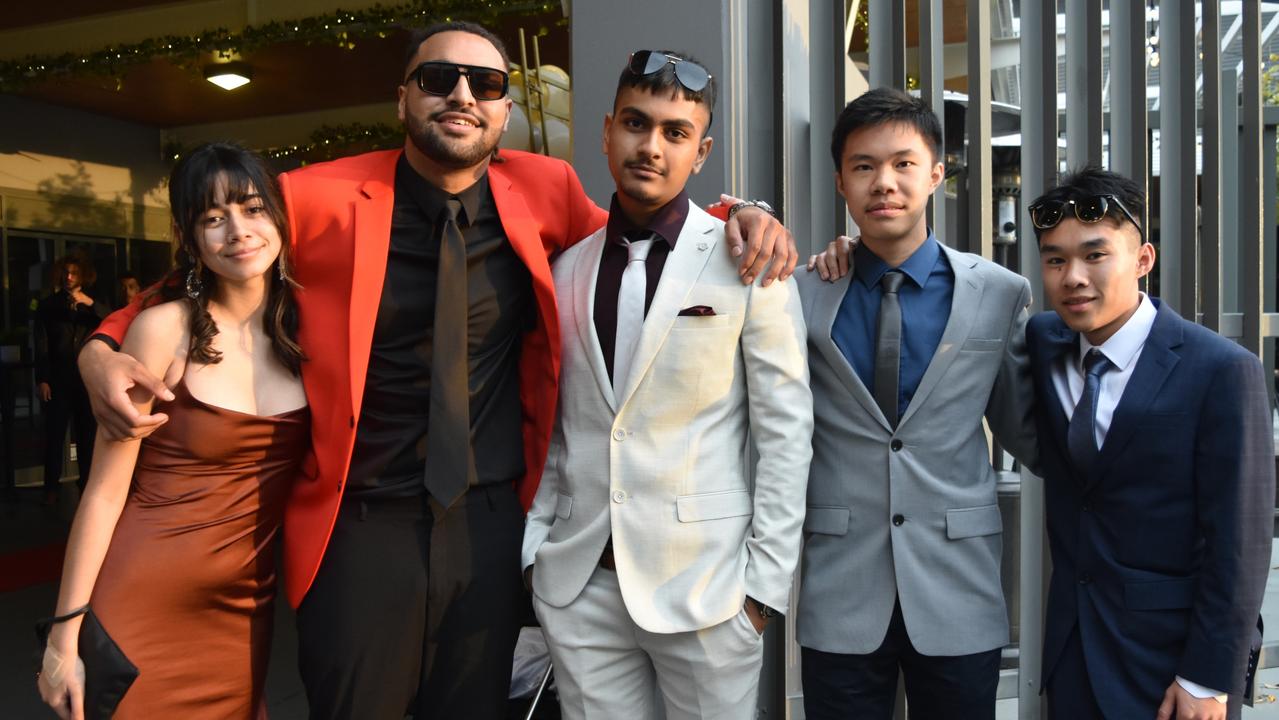 Kahlia Ah-Fa, Elijah Chevins, Nisarg Patel, Junich Natalio and Ryan Pham at the 2022 Kawana Waters State College formal. Picture: Sam Turner