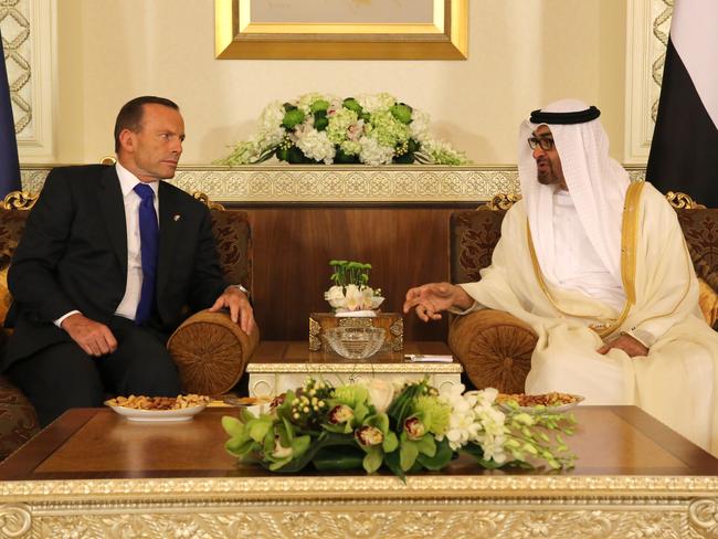 Mr Abbott's official welcome by the Crown Prince of Abu Dhabi at the Al Mushrif Palace. Picture: Office of the Prime Minister.