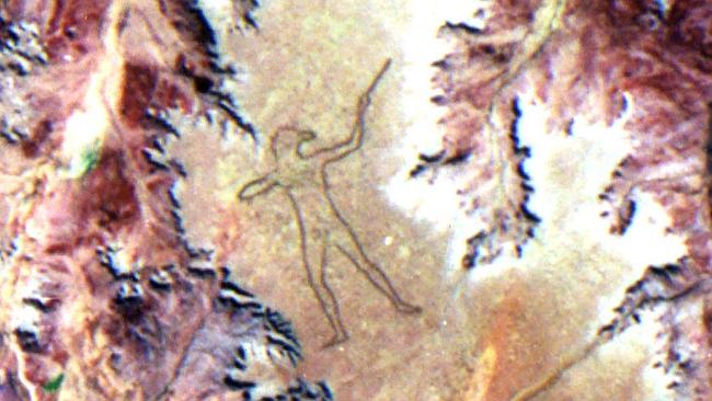 Marree Man, depiction of Aboriginal hunter, in satellite image taken in May 1998. Picture: Australian Centre for Remote Sensing.