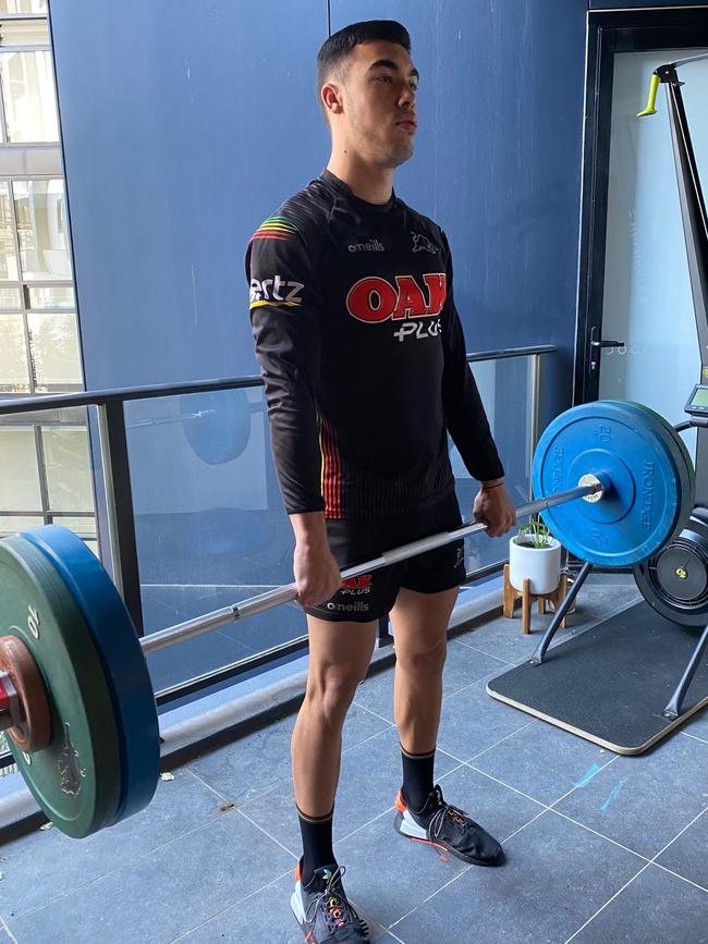 Penrith rookie Charlie Staines training in his western Sydney unit after being placed on COVID-19 hold for two games for breaking the NRL’s biosecurity rules. Picture: Penrith Panthers