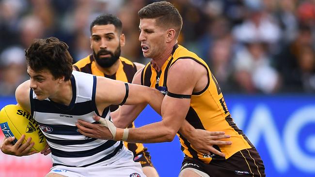 Jordan Clark in action during last week’s AFL match against Hawthorn. Picture: Quinn Rooney/Getty Images)