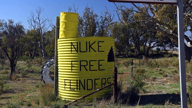 An antinuclear protest sign near Quorn, against the proposed nuclear waste depository for country SA. Picture: Tom Huntley