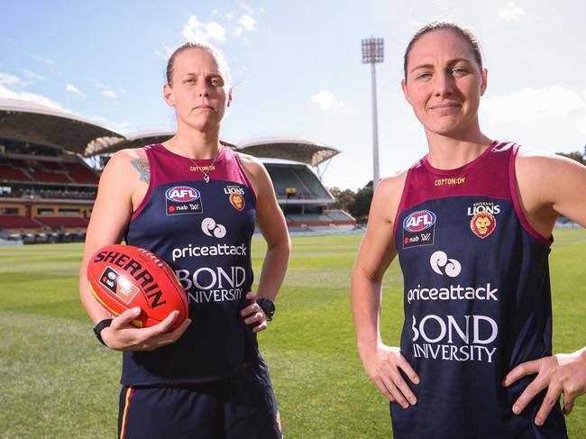 Kate Lutkins (L) & Rea Lugg are both serving members of the ADF and players for the Brisbane Lions. Saturday will see them face off against the Adelaide Crows in the AFLW Grand Final held at the Adelaide Oval. Picture: James Elsby